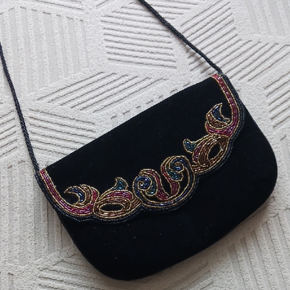 Vintage Magid Black Velvet Crossbody with Multicolor Beaded Detail